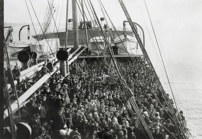 Framed Print : Immigrants on deck of the S.S. PATRICIA as she arrives in New York Harbor. The German steamship was owned by the Hamburg-American Line