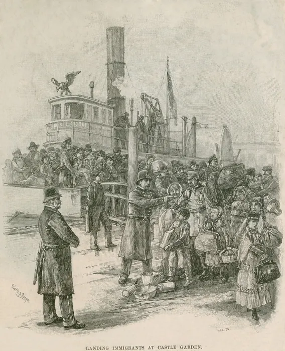 Framed Print : Immigrants leaving a sternwheeler at New York City's Castle Garden in 1884 under police supervision Framed Print : Immigrants leaving a sternwheeler at New York City's Castle Garden in 1884 under police supervision