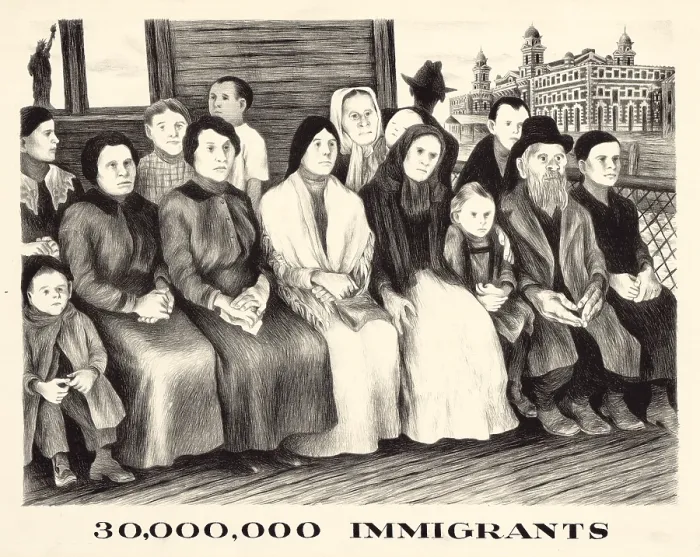 Framed Print : Immigrants. shows a group of Immigrants either waiting at an immigration station or enroute to New York City from Ellis Island; the Statue of Liberty is visible in the background
