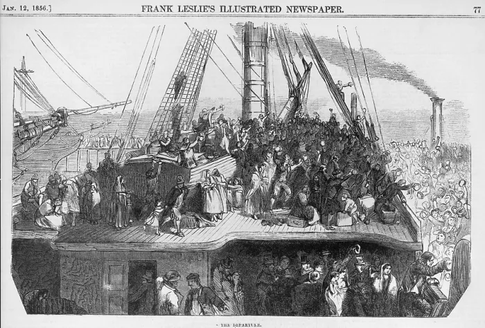 Framed Print : Immigrants waving farewell to crowd on dock, as their ship leaves a Western European port for North America. Wood engravings 1850-1860 Framed Print : Immigrants waving farewell to crowd on dock, as their ship leaves a Western European port for North America. Wood engravings 1850-1860