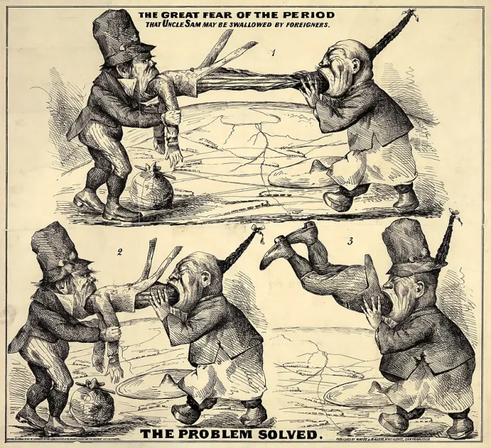 Framed Print : Immigration. The great fear of the period That Uncle Sam may be swallowed by foreigners. The Problem Solved'. Cartoon of Chinese and Irish immigrants devouring Uncle Sam