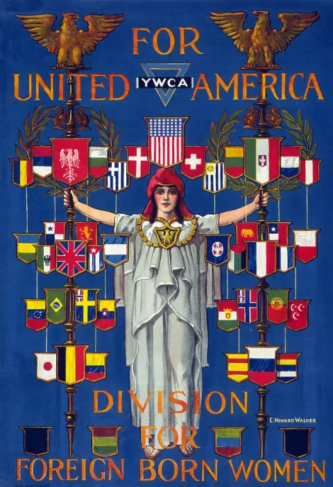 Framed Print : Immigration. For united America, YWCA division for foreign born women Poster shows the figure of Columbia surrounded by flags of many nationalities