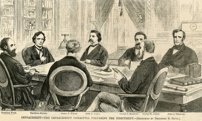 Framed Print : Impeachment Committee of the House of Representatives prepares the impeachment indictment of President Andrew Johnson, Feb. 1868