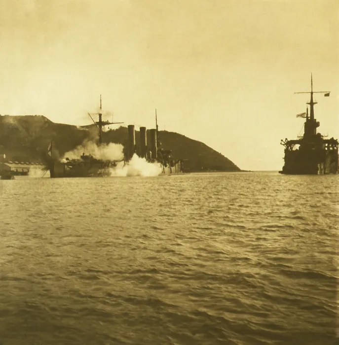 Framed Print : Imperial Russian battleship Pallada struck by a 500 lb. Japanese shell in Port Arthur, Dec. 1904. White smoke rises from the ship blockaded in the Harbor of Port Arthur