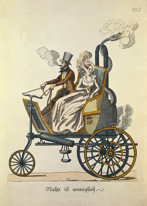 Framed Print : Nothing is impossible, German engraving with a steam vehicle. Etching. - BeBa / Iberfoto / Everett Collection (389966)**US SALES ONLY** Framed Print : Nothing is impossible, German engraving with a steam vehicle. Etching. - BeBa / Iberfoto / Everett Collection (389966)**US SALES ONLY**