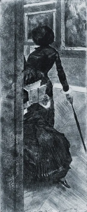 Framed Print : Impressionist painter, Mary Cassatt is the standing figure viewing paintings at the Louvre. 1876 etching by Edgar Degas