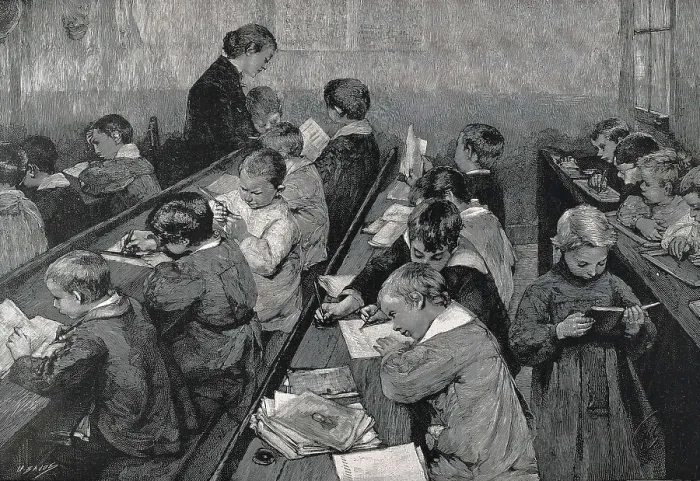 Framed Print : 'In class', engraving based on a painting by Geoffroy (1910). Etching. AISA / Everett Collection**US SALES ONLY**
