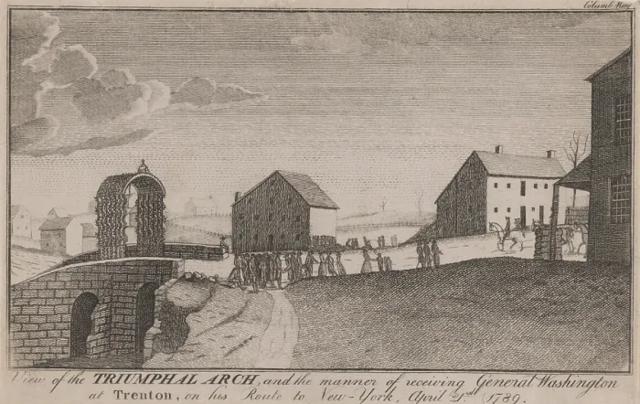 Framed Print : Inauguration of George Washington. View of the triumphal arch and the manner of receiving General Washington at Trenton on his route to New-York April 21st 1789 Framed Print : Inauguration of George Washington. View of the triumphal arch and the manner of receiving General Washington at Trenton on his route to New-York April 21st 1789