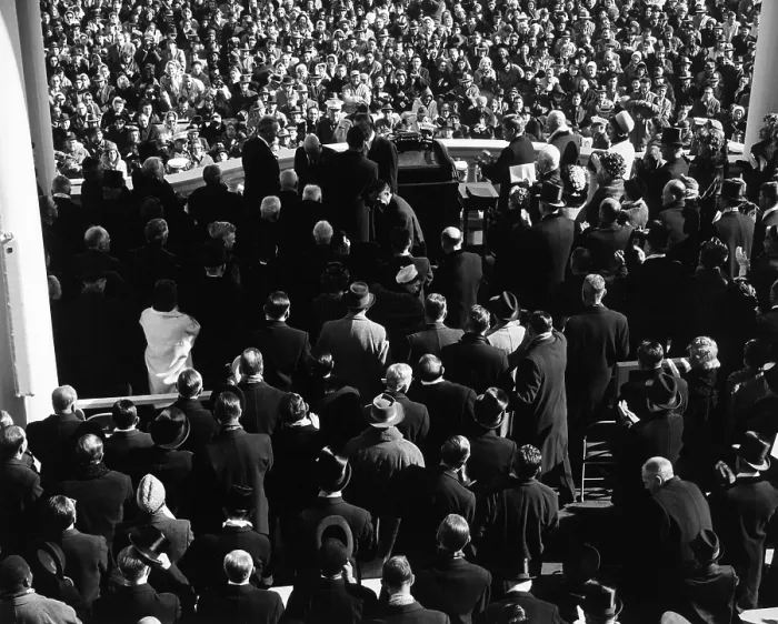 Framed Print : Inauguration of John Kennedy at East Portico, U.S. Capitol Building. View from the back of the audience, showing the faces of the crowd below. Jan. 20, 1961. (BSLOC_2015_2_221)