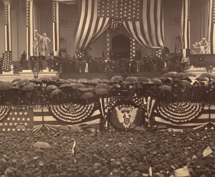Framed Print : Inauguration of President Benjamin Harrison on March 4, 1889. The extravagant patriotic flag bunting covers even the columns of the East Portico of the Capital (BSLOC_2016_14_141)