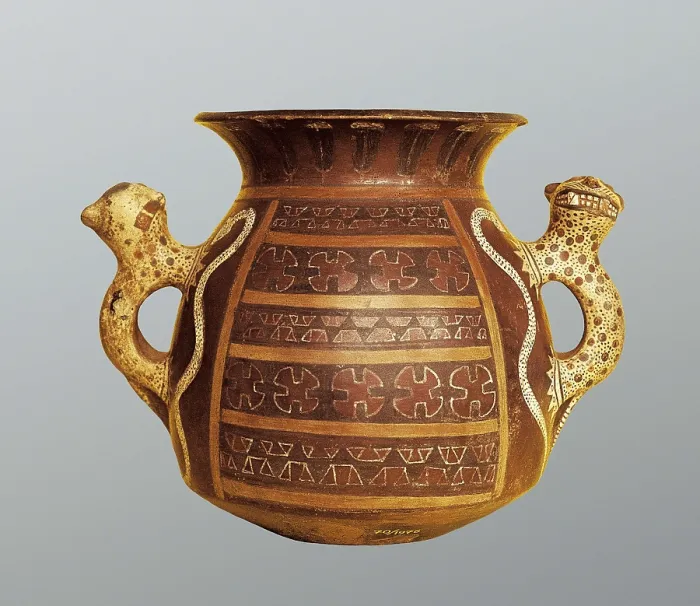 Framed Print : Inca Vase with Geometric Decoration and Zoomoprhic Handles. Inca art. Ceramics. PERU. Cusco. Archaeological Museum. AISA / Everett Collection**US SALES ONLY**
