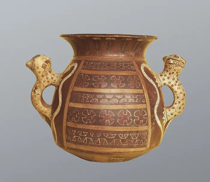 Framed Print : Inca Vase with Geometric Decoration and Zoomoprhic Handles. Inca art. Ceramics. PERU. Cusco. Archaeological Museum. - Iberfoto / Everett Collection (442675)**US SALES ONLY**