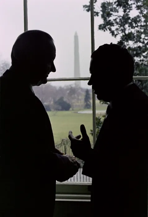 Framed Print : Incoming and outgoing Presidents Johnson and Nixon meet in the White House on Inauguration day. Jan 20, 1986