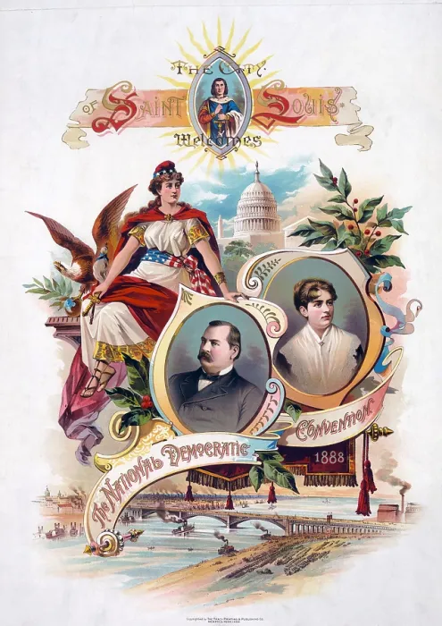 Framed Print : Incumbent Grover Cleveland and his popular young wife are pictured on an 1888 Democratic Convention poster