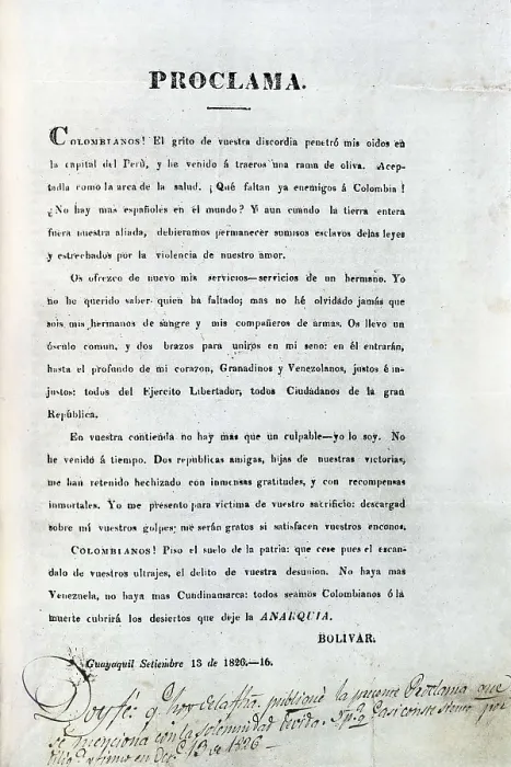 Framed Print : Independence of Colombia. Leaflet with a proclaim signed by Simn Bolvar (13th September 1826). ECUADOR. Quito. Aurelio Espinosa Polit Ecuadorian Library