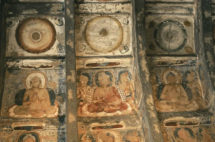 Framed Print : INDIA. Ajanta. Ajanta Caves. Cave 10. Detail of the decoration of the ceiling in the chaitya-griha with scenes from the life and incarnations of Buddha