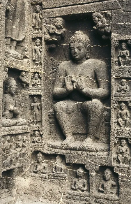 Framed Print : INDIA. Ajanta. Ajanta Caves. Cave No. 19. Chaitya-griha (Buddhist cave shrine) of 5th-6th c. A.D. Bas-relief representation of Buddha near the entrance. Hindu art. Gupta period
