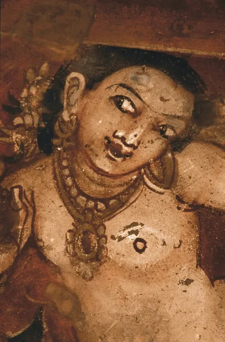 Framed Print : INDIA. Ajanta. Ajanta Caves. Figure of a woman. Detail of one of the 'Jataka', reincarnations and episodes from the life of Buddha. Wall painting of the cave 2