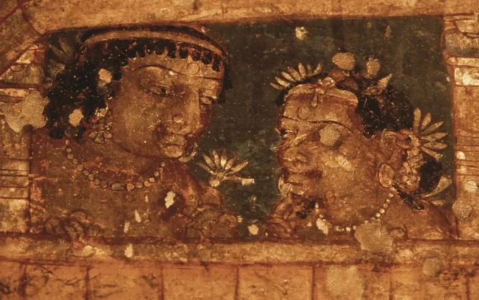 Framed Print : INDIA. Ajanta. Ajanta Caves. Men in a window. Detail in one of the 'Jataka' reincarnations and episodes of life of Budha. Mural painting in the cave 2, 6th-7th c