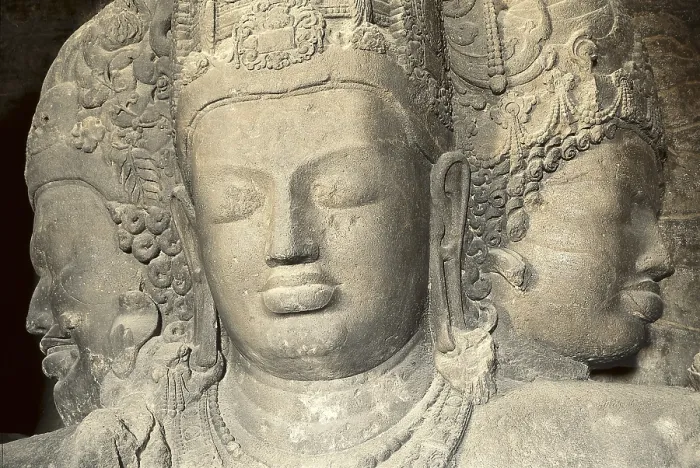 Framed Print : INDIA. Bombay. Elefanta. Elephanta Caves. Trimurti of Shiva in the main cave, 7th-8th c A.D