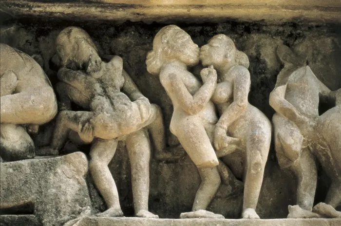 Framed Print : INDIA. Khajraho. Hindu Temple of Lakshmana, 10-11th c. Frieze with erotic scenes. Related teachings of the 'Kamasutra'. Hindu art. Relief on rock. - R