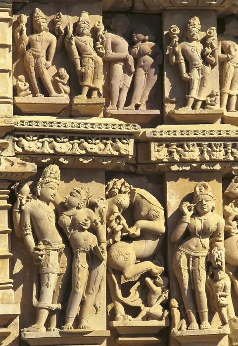 Framed Print : INDIA. Khajraho. Jain Temple of Parsvanatha, 10-11th c. Frieze of the facade with Vishnu and Lakshmi. Hindu art. Chandella period. Architecture; Sculpture