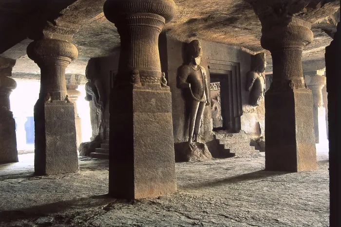 Framed Print : INDIA. MAHARASHTRA. Bombay. Elefanta. Elephanta Caves. Entrance to one of the rupestrian temples of the Hindu sanctuary (6th-8th c.) consacrated to Shiva