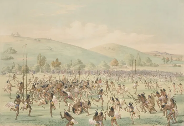 Framed Print : THE INDIAN BALL GAME, undated 19th-century color lithograph by George Catlin. Lacrosse originated in northeastern North America