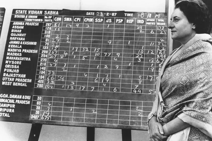 Framed Print : Indian Prime Minister Indira Gandhi beside a bulletin board showing early election returns. Feb. 28, 1967 Framed Print : Indian Prime Minister Indira Gandhi beside a bulletin board showing early election returns. Feb. 28, 1967