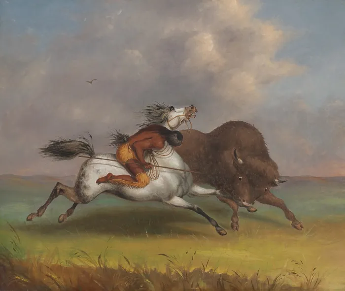 Framed Print : INDIAN SPEARING A BUFFALO, ca. 1850-1874, by Alfred Jacob Miller, painting, oil on canvas Framed Print : INDIAN SPEARING A BUFFALO, ca. 1850-1874, by Alfred Jacob Miller, painting, oil on canvas