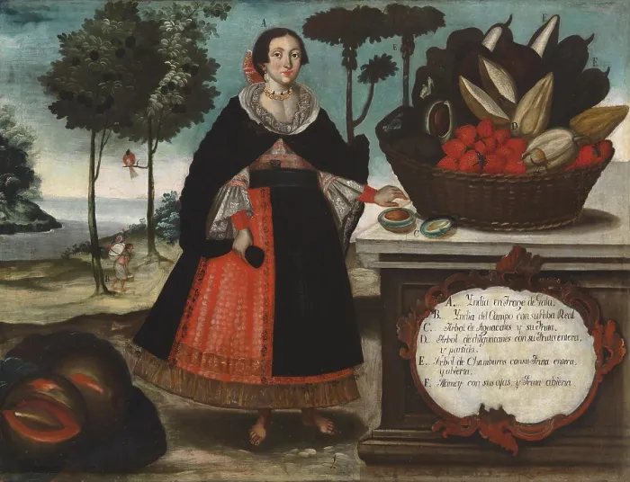 Framed Print : Indian Woman in Special Attire, by Vicente Albán, 1769-1796, Ecuadorian painting, oil on canvas. She stands next to a basket of gigantic tropical fruit Framed Print : Indian Woman in Special Attire, by Vicente Albán, 1769-1796, Ecuadorian painting, oil on canvas. She stands next to a basket of gigantic tropical fruit