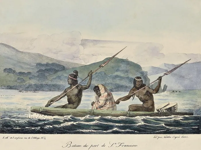 Framed Print : INDIANS ON A BOAT ON THE PORT OF SAN FRANCISCO, CALIFORNIA, lithograph after watercolor painting by Louis Chorus