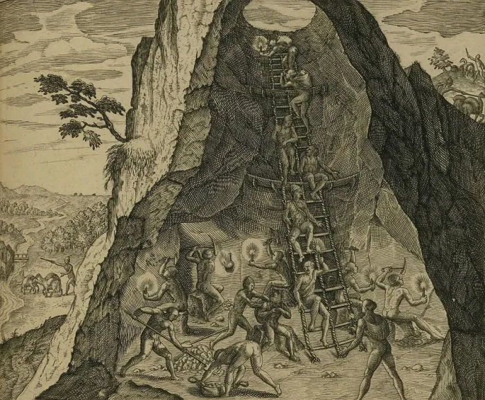 Framed Print : HOW THE INDIANS DIG THE GOLD FROM THE MOUNTAINS, 1601, engraving published by Wolffgang Richter Framed Print : HOW THE INDIANS DIG THE GOLD FROM THE MOUNTAINS, 1601, engraving published by Wolffgang Richter