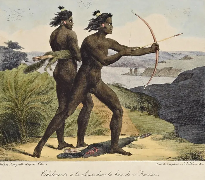 Framed Print : INDIANS HUNTING IN THE BAY OF SAN FRANCISCO, CALIFORNIA, c. 1815-18, lithograph after watercolor painting by Louis Chorus