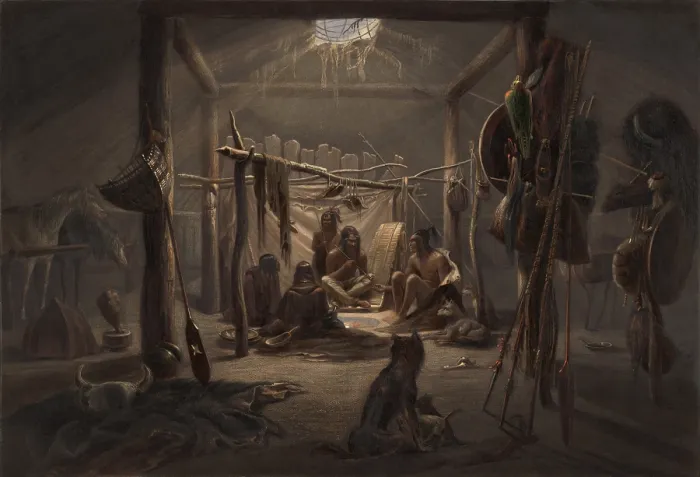 Framed Print : Indians inside the lodge of a Mandan Chief, 1833-34