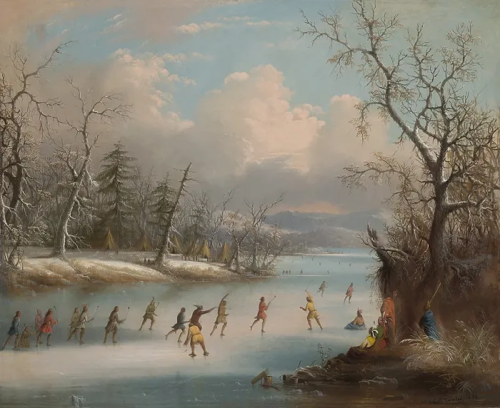 Framed Print : INDIANS PLAYING LACROSS ON THE ICE, 1858, by Edmund C. Coates