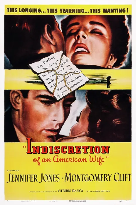 Framed Print : INDISCRETION OF AN AMERICAN WIFE, (aka STAZIONE TERMINI), US poster, top and bottom from left: Montgomery Clift, Jennifer Jones, 1953 Framed Print : INDISCRETION OF AN AMERICAN WIFE, (aka STAZIONE TERMINI), US poster, top and bottom from left: Montgomery Clift, Jennifer Jones, 1953