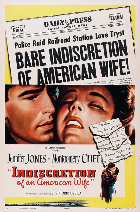 Framed Print : INDISCRETION OF AN AMERICAN WIFE, (aka STAZIONI TERMINI), l-r: Montgomery Clift, Jennifer Jones on poster art, 1953 Framed Print : INDISCRETION OF AN AMERICAN WIFE, (aka STAZIONI TERMINI), l-r: Montgomery Clift, Jennifer Jones on poster art, 1953