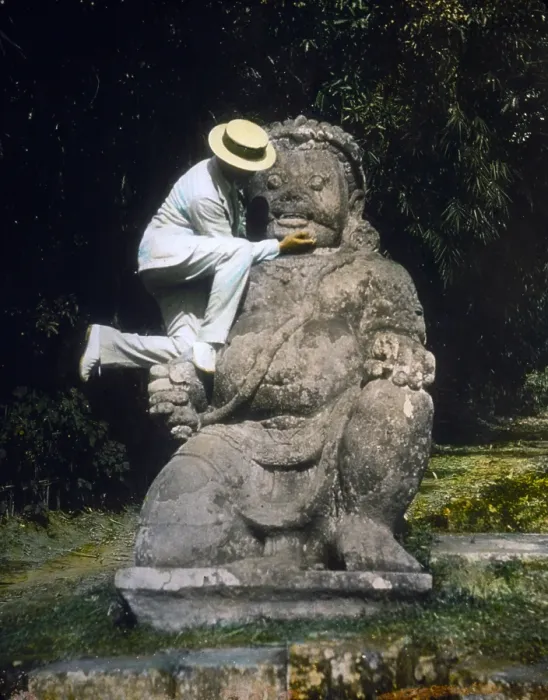 Framed Print : Indonesia, man in straw hat standing on Buddhist idol at ruins of Borobudur, hand colored lantern slide, photograph by William Henry Jackson, 1895 Framed Print : Indonesia, man in straw hat standing on Buddhist idol at ruins of Borobudur, hand colored lantern slide, photograph by William Henry Jackson, 1895