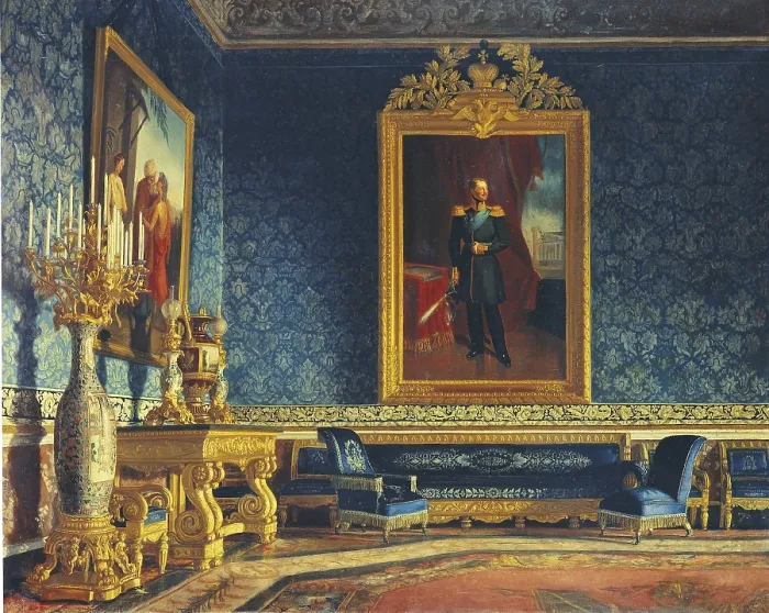 Framed Print : Indoor Portrait of Royal Palace of Naples with a Portrait of Tsar Nicholas I (Interno del Palazzo Reale di Napoli con ritratto dello Zar Nicola I), by Frans Vervloet