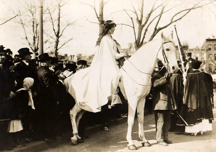 Framed Print : Inez Milholland Boissevain, lawyer, riding astride in the suffrage parade in Washington, D.C. as the first of four mounted heralds, Washington, D.C. March 3, 1913 Framed Print : Inez Milholland Boissevain, lawyer, riding astride in the suffrage parade in Washington, D.C. as the first of four mounted heralds, Washington, D.C. March 3, 1913
