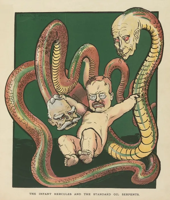 Framed Print : THE INFANT HERCULES AND THE STANDARD OIL SERPENTS, May 23, 1906. Puck Magazine political cartoon shows Theodore Roosevelt fighting snakes with the heads of Nelson W