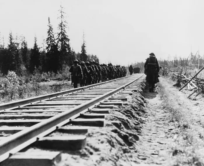 Framed Print : US Infantry, marching along railway lines during the Russian Intervention, 1918-20