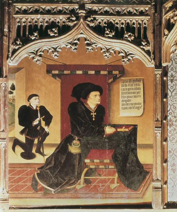 Framed Print : INGLS, Jorge (15th c.). Altarpiece of the Angels. 15th c. Detail with the praying figure of Iigo Lpez de Mendoza, Marquis of Santillana. Flemish art. Painting. Private Collection