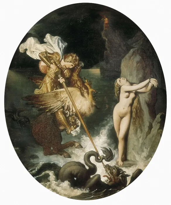 Framed Print : INGRES, Jean-Auguste-Dominique (1780-1867). Roger Delivering Angelica (Roger dlivrant Anglique). 1818. Scene from the play 'Orlando Furioso' (Canto X) by Ariosto