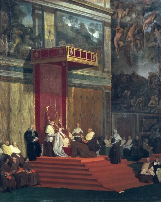 Framed Print : INGRES, Jean-Auguste-Dominique (1780-1867). Pope Pius VII in the Sistine Chapel. 1820. A Franciscan kisses the Feet of the Pope Pius VII before the beginning of the sermon