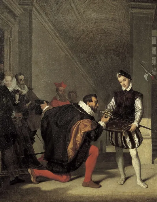 Framed Print : INGRES, Jean-Auguste-Dominique (1780-1867). Don Pedro of Toledo, Ambassador of Philip of Spain, Kissing the Sword of Henri IV of France. 1831. Oil on wood. FRANCE. Paris