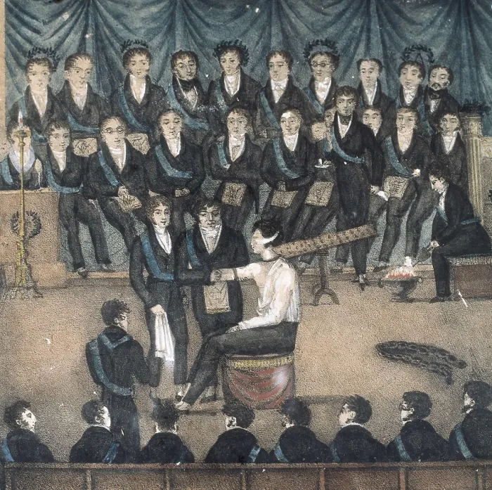 Framed Print : Initiation ceremony of a Freemason (19th c.). Central detail. Watercolour. FRANCE. Paris. Muse du Grand Orient de France de de la Franc-Maconnerie Europenne