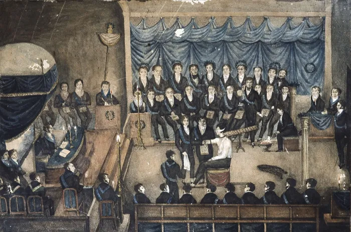Framed Print : Initiation ceremony of a Freemason (19th c.). Central detail. Watercolour. FRANCE. Paris. Muse du Grand Orient de France de de la Franc-Maconnerie Europenne