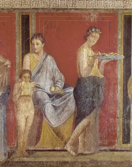 Framed Print : Initiation into the mysterious Dionysion cult. 1st c. BC. ITALY. Pompeii. Villa of Mysteries. Detail of the initiation of a young woman, reading of the ritual and offering boy
